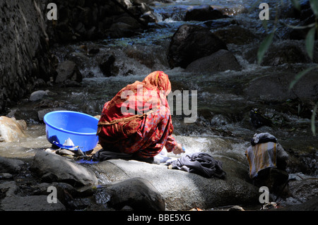 L'Hindi femme lave-linge dans la rivière, Leh, Ladakh, Inde du Nord, Himalaya Banque D'Images