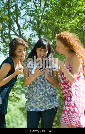 Trois jeunes femmes se tenant debout à l'extérieur, looking at smartphone Banque D'Images