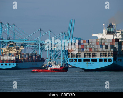 Tug boat manoeuvrant un très grand porte-conteneurs dans le port de Rotterdam Zuid Holland aux Pays-Bas Banque D'Images