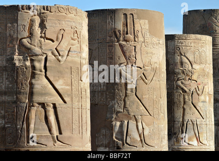 Piliers du parvis du Temple Romain ruiné de Sobek et Haroeris à Kom Ombo Égypte Banque D'Images