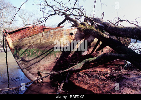 Un bateau abandonné allongé d'un raz-de-creek Banque D'Images