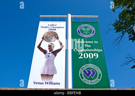 Des bannières pour 2009 et les championnats de tennis de Wimbledon 2008 womens gagnant, Venus Williams, à l'all-england lawn tennis club Banque D'Images