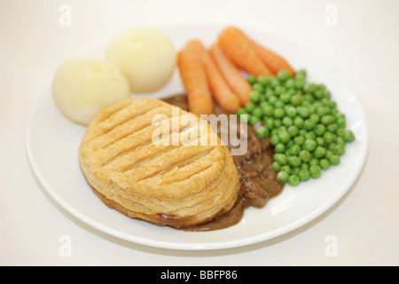 Steak de boeuf frais Tourte aux légumes servi sur une plaque blanche avec aucun peuple Banque D'Images