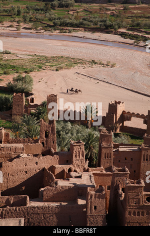 Afrique, Afrique du Nord, Maroc, Région de l'Atlas, Ouarzazate, Ait Benhaddou, Kasbah, vue d'en haut Banque D'Images