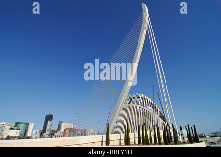 Pont moderne, Ciudad de las Artes y de las Ciencias, Cité des Arts et des sciences, l'architecte Santiago Calatrava, Valencia, Espagne, Banque D'Images