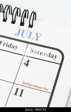 La page Calendrier montrant 4 juillet Jour de l'Indépendance Américaine Banque D'Images