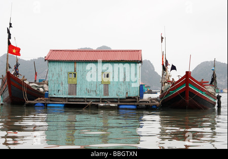 Maison de village de pêcheurs flottant, 'Cat Ba' Island, [la baie d'Halong, Vietnam], [Asie du Sud-Est] Banque D'Images