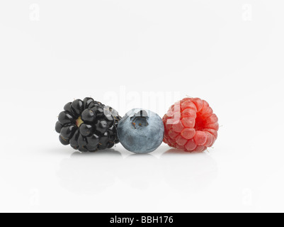 Bleuets et framboises Blackberry sur fond blanc Banque D'Images