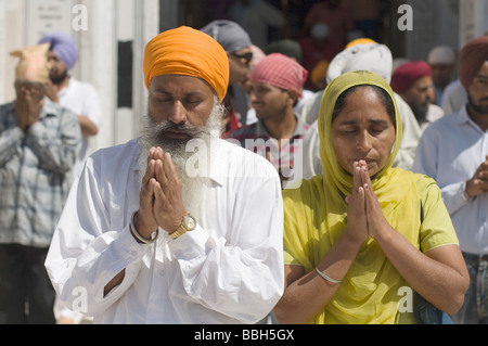 Les Sikhs priant au Golden Temple, Amritsar, Inde Banque D'Images