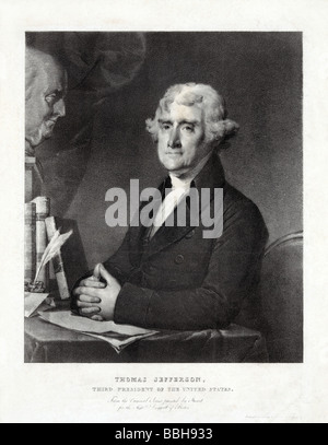 Circa 1828 imprimer Portrait de Thomas Jefferson (1743 - 1826), le troisième président des États-Unis (1801 - 1809). Banque D'Images