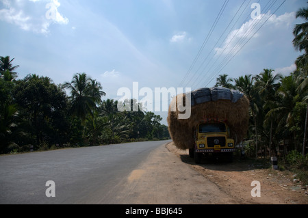 Camion transportant du foin sur la route Kerala Inde Banque D'Images