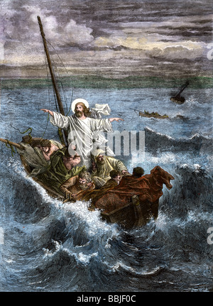 Jésus calment les eaux parmi les disciples effrayés dans un bateau. À la main, gravure sur bois Banque D'Images