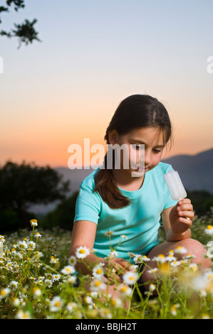 Jeune fille ayant une sucette glacée dans un champ de fleurs au coucher du soleil Banque D'Images