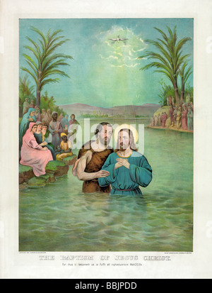 Imprimer publié en 1893 par Currier & Ives intitulé "Le Baptême de Jésus Christ" et montrant Jean Baptiste baptisant Jésus. Banque D'Images