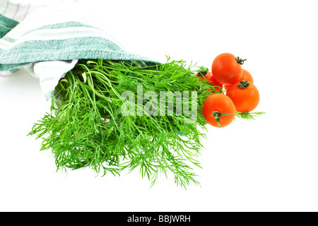 Bouquet d'aneth en vert essuie-tout et les tomates sur fond blanc Banque D'Images
