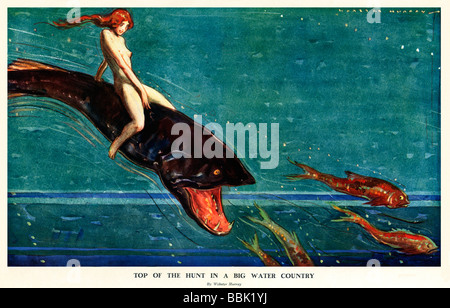 Haut de la chasse 1930 fantasy illustration d'une nymphe de la mer équitation un gros poisson sur le chase Banque D'Images