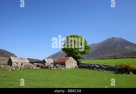 Slieve binnian sous les bâtiments agricoles dans les montagnes de Mourne Royaume-Uni Irlande du nord du comté de Down Banque D'Images