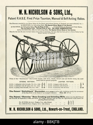 Publicité dans un catalogue de vente par correspondance de l'époque victorienne pour les râteaux, W N NIcholson & Sons, à Newark-on-Trent, Nottinghamshire Banque D'Images