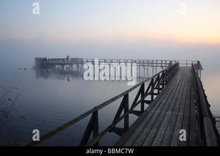 À la fin de la jetée du lac Federsee, peu avant le lever du soleil, le lac Federsee près de Bad Buchau, district de Biberach, Uppe Banque D'Images