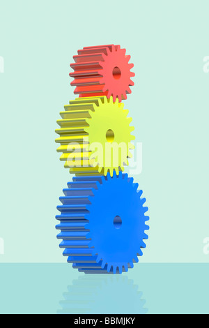 Cogs en équilibre sur l'autre, close-up (digital composite) Banque D'Images