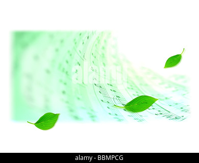 Voir des feuilles sur les notes de musique numérique (composite) Banque D'Images