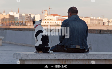 L'homme et le chien assis sur un banc de marbre à la promenade du bord de mer à Cadix, Andalousie, Espagne, Europe Banque D'Images