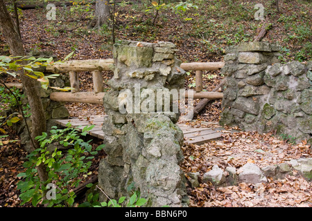 Pont piétonnier en bois et en pierre sur sentier de randonnée à Palisades Park, près de l'État Kepler Mt Vernon IA Banque D'Images