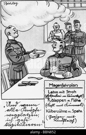 Événements, Seconde Guerre mondiale / LA DEUXIÈME GUERRE MONDIALE, L'Allemagne, de l'humour, carte postale "agenfahrplan» (calendrier de l'estomac), dessin, par Barlog, vers 1940, Banque D'Images