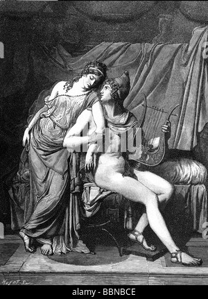 Paris, fils de Priam, roi de Troy, légende grecque, pleine longueur, avec Helen, gravure en bois par peinture de Jaques Louis David, Louvre, Banque D'Images