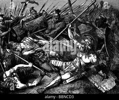 Spartacus, vers 109 - 71 av. J.-C., gladiateur de Thrace, sa mort dans la bataille de la rivière Silarus, gravure sur bois, XIXe siècle, Banque D'Images