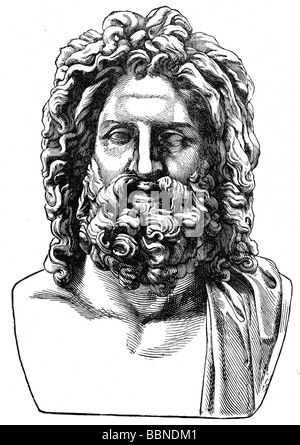 Zeus (latin: Jupiter), roi grec "ivine", leader des dieux, dieu du ciel et du tonnerre, gravure en bois, XIXe siècle, après 'Zeus d'Otricoli', partie d'une statue romaine, Banque D'Images