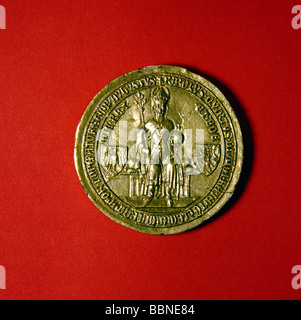 Charles IV, 14.5.1316 - 19.11.1378, empereur romain Saint 1355 - 1378, demi-longueur, sur le trône, sceau, «Golden Bull», obvers, 1356, Banque D'Images