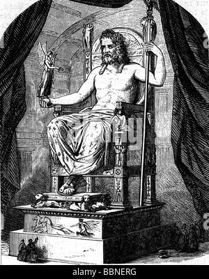 Zeus (latin: Jupiter), roi grec, chef des dieux, dieu du ciel et du tonnerre, temple de Zeus, statue de Zeus à Olympia (reconstruction), gravure en bois, XIXe siècle, pleine longueur, Banque D'Images