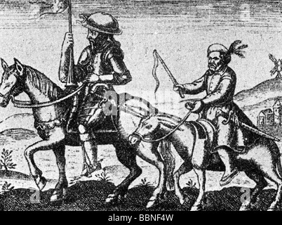 Don Quichote, personnage littéraire du roman de Miguel Cervantes Saavedra (1547 - 1616), avec Sancho Panza, équitation sur cheval et âne, moulin à vent, gravure, 1622, Banque D'Images
