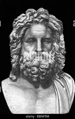 Zeus (latin: Jupiter), roi grec "ivine", leader des dieux, dieu du ciel et du tonnerre, gravure en bois, XIXe siècle, après 'Zeus d'Otricoli', partie d'une statue romaine, Banque D'Images