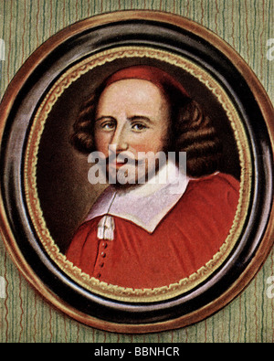 Mazarin, Jules, 14.7.1602 - 9.3.1661, politicien français, cardinal 1641, chef ministre 1643 - 1661, portrait, couleur imprimé après miniature par Jean Petitot, Banque D'Images