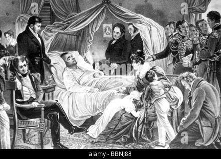 Napoléon I, 15.8.1769 - 5.5.1821, empereur des Français 1804 - 1815, mort, sur le lit de mort, Sainte-Hélène, dessin,