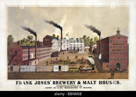 Lithographie circa 1890s publicité Frank Jones" et de malt, maisons de Portsmouth, New Hampshire, USA. Banque D'Images