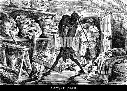 Don Quichotte, personnage littéraire du roman de Miguel de Cervantes Saavedra (1547 - 1616), la lutte contre les caisses à vin, après avoir tracé par Gustave Dore, 1863, l'artiste n'a pas d'auteur pour être effacé Banque D'Images