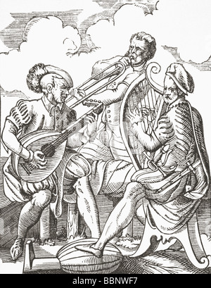 Musiciens allemands avec luth, harpe, guitare et instrument à vent d'après une gravure du 16e siècle de Jost Amman. Banque D'Images