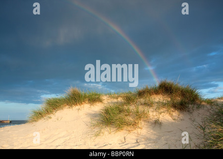 Arc-en-ciel dramatique dans la chaude lumière du soir sur Walberswick dunes de sable sur la côte du Suffolk Banque D'Images