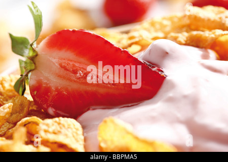Des Cornflakes avec fraises et yaourt, remplissant la photo Banque D'Images