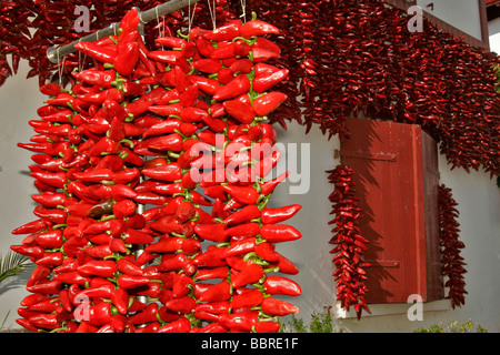 Corde de piments d'ESPELETTE, Pyrenees Atlantiques, (64), FRANCE, PAYS BASQUE, CÔTE BASQUE Banque D'Images