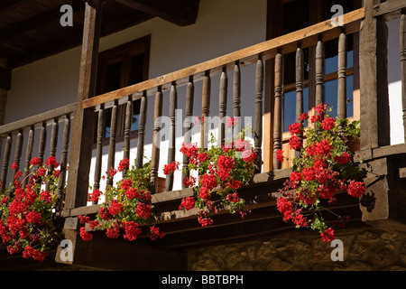 Balcon avec des fleurs d'une maison rurale dans le village de Mogrovejo Shire de Picos de Europa Liebana Cantabria Espagne Banque D'Images