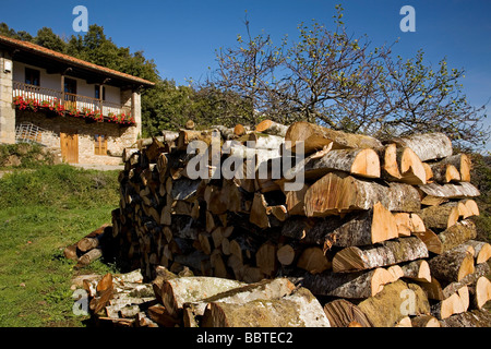 Bois de chauffage dans une maison rurale dans le village de Mogrovejo Shire de Picos de Europa Liebana Cantabria Espagne Banque D'Images