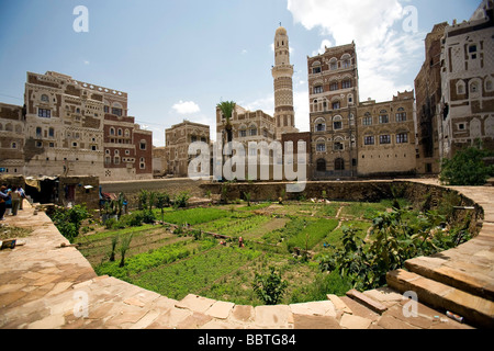 Vue sur le village, vieux Sanaa, Yémen, au Moyen-Orient Banque D'Images