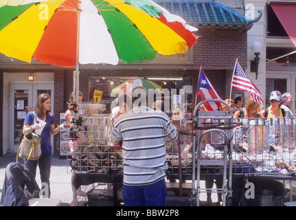 Vendeur ambulant de New York. New York City, canal Street, Lower East Side Street Stall. Drapeau portoricain et américain. Parapluie coloré Banque D'Images