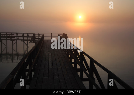 Lever du soleil vu depuis le pont, le lac Federsee Federsee, réserve naturelle, district de Biberach, en Haute Souabe, Bade-Wurtemberg, G Banque D'Images