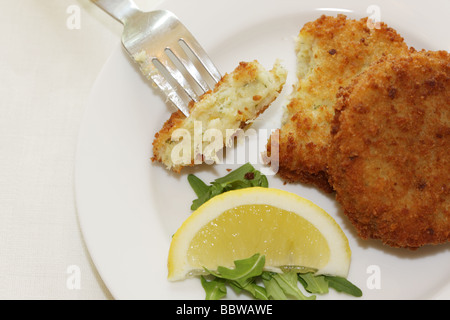 La morue panés délicieux fraîchement préparés Fishcakes avec citron et garnir de feuilles de salade isolé sur un fond blanc avec aucun peuple et un chemin de détourage Banque D'Images