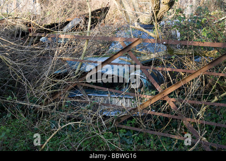 Ford Anglia voiture classique abandonnés la rouille se trouve en face de la porte fermée depuis longtemps dans les terres agricoles sous-bois Banque D'Images